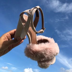 topshop light baby pink open heels with fake fur